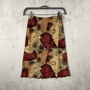Vintage Rave Y2K Brown Boho Paisley Midi Skirt Small Floral Fairy Grunge Indie